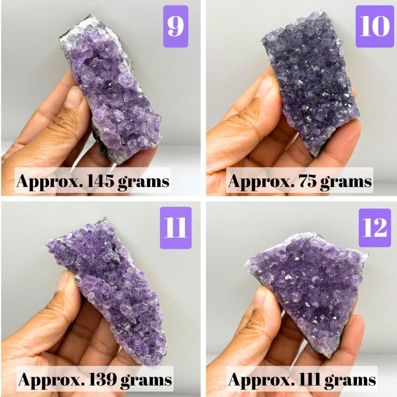 May include: Four amethyst crystal clusters labeled 9 through 12. Item 9 weighs 145 grams, item 10 weighs 75 grams, item 11 weighs 139 grams, and item 12 weighs 111 grams. Each piece features deep purple, jagged, crystalline structures.