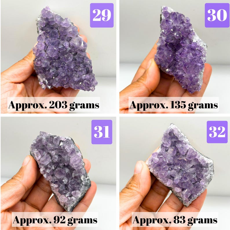 May include: Four amethyst crystal clusters labeled 29, 30, 31, and 32. The clusters weigh approximately 203 grams, 135 grams, 92 grams, and 83 grams respectively. Each piece features deep purple, jagged crystal points on a grey stone base.