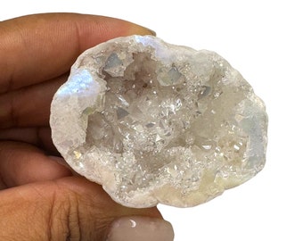 Polished Aura White Quartz Geode. White Quartz Geode. Crystal Keychain.