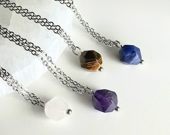 Minimalist Crystal Necklace, Faceted Natural Crystal Pendant, Healing Crystals.