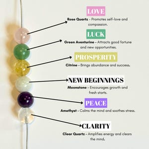 May include: A strand of colorful gemstone beads, including rose quartz, green aventurine, citrine, moonstone, amethyst, and clear quartz. Text labels identify each stone and its associated properties: love, luck, prosperity, new beginnings, peace, and clarity.