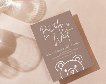 Bear Baby Shower Invitation Neutral, We Can Bearly Wait Invite, Teddy Bear Baby Shower, Gender Neutral Invite, Editable Canva Template A5