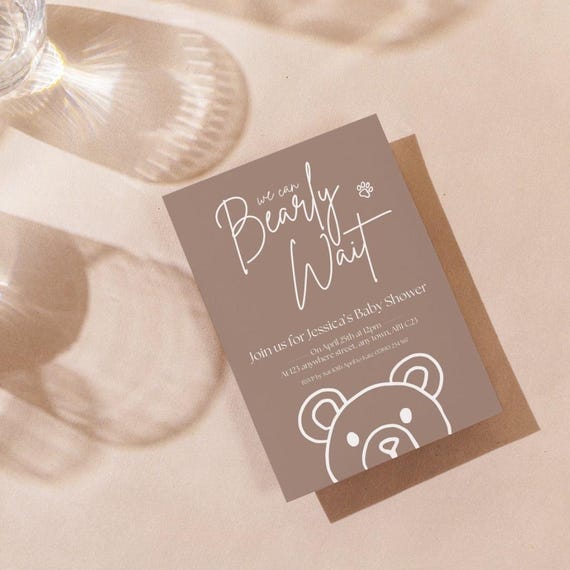 Bear Baby Shower Invitation Neutral, We Can Bearly Wait Invite, Teddy Bear Baby Shower, Gender Neutral Invite, Editable Canva Template A5