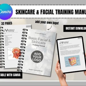 May include: A 32-page skincare and facial training manual with a spiral binding, featuring a white cover with cloud graphics, text reading Basic Facial & Skincare Training Manual, and a tablet displaying anatomy and physiology diagrams.