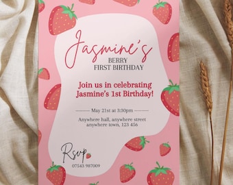 Strawberry First Birthday Invitation Girl, Berry First Birthday Invite, 1st Birthday Strawberry Theme, Editable Canva Template, Digital Down