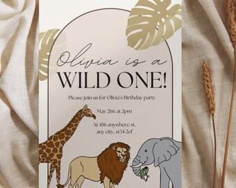 Wild One First Birthday Invitation, Jungle Safari Birthday Invite, 1st Birthday Boy Girl, Editable Canva Template, Digital Download A5