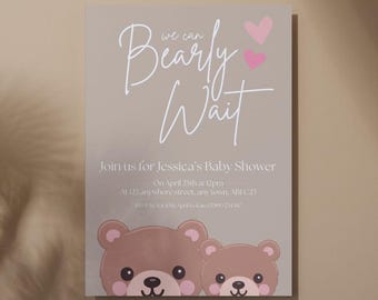 Bear Baby Shower Invitation Girl, We Can Bearly Wait Invite, Teddy Bear Baby Shower, Editable Canva Template, Digital Download A5