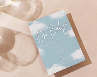 Invitación azul para baby shower de niño, Invitación Oh Baby Cloud, Invitación para baby shower de niño, Plantilla editable de Canva, Descarga digital A5
