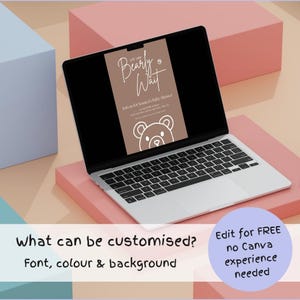 Puede incluir: Un port&aacute;til muestra una invitaci&oacute;n a un baby shower con el texto "Bearly Wait" y una ilustraci&oacute;n de un oso. La invitaci&oacute;n es marr&oacute;n con texto blanco. El texto adicional en la pantalla dice "Join us for..." y "&iquest;Qu&eacute; se puede personalizar?" y "Editar GRATIS".