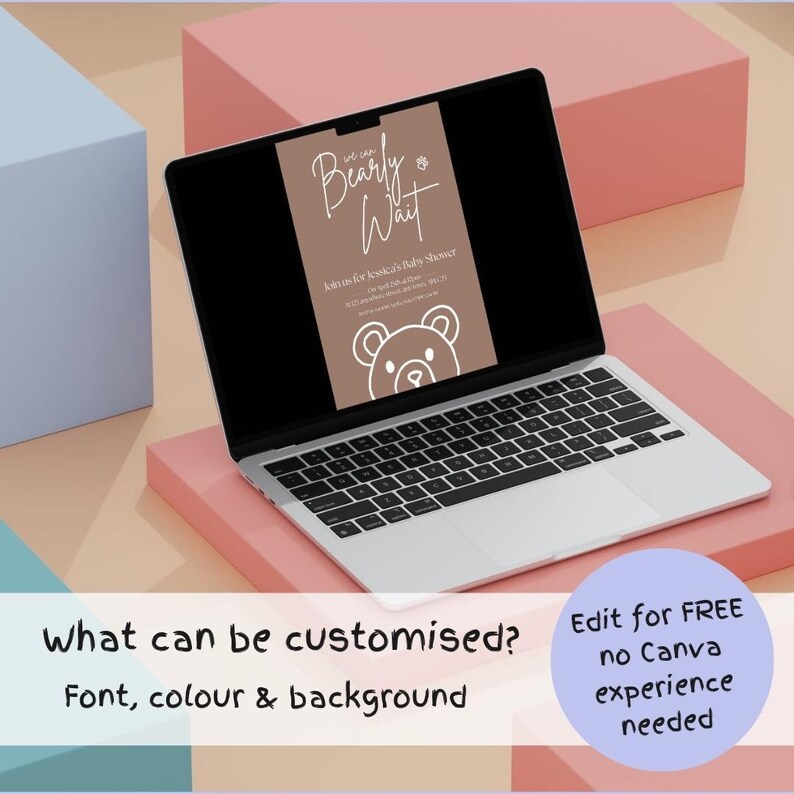 Puede incluir: Un port&aacute;til muestra una invitaci&oacute;n a un baby shower con el texto "Bearly Wait" y una ilustraci&oacute;n de un oso. La invitaci&oacute;n es marr&oacute;n con texto blanco. El texto adicional en la pantalla dice "Join us for..." y "&iquest;Qu&eacute; se puede personalizar?" y "Editar GRATIS".