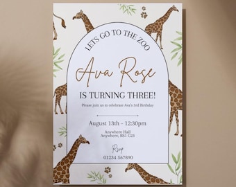 Giraffe Birthday Invitation Safari Theme, Jungle Zoo Birthday Invite, 1st Birthday Boy Girl, Editable Canva Template, Digital Download A5