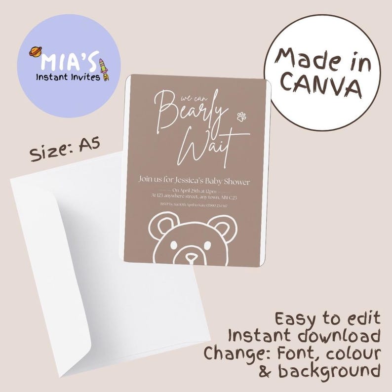 Puede incluir: Invitaci&oacute;n a un baby shower con fondo marr&oacute;n e ilustraci&oacute;n de oso de peluche blanco. El texto dice "Bearly Wait" e incluye detalles del evento. La invitaci&oacute;n es de tama&ntilde;o A5 y viene con un sobre blanco. Hecho en Canva.