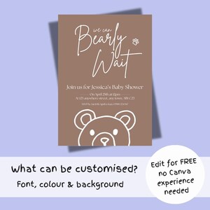 Puede incluir: Una invitaci&oacute;n marr&oacute;n para baby shower con el texto "Bearly Wait" en letra cursiva. La invitaci&oacute;n incluye detalles para el baby shower de Jessica, un gr&aacute;fico de oso de peluche y opciones de personalizaci&oacute;n.