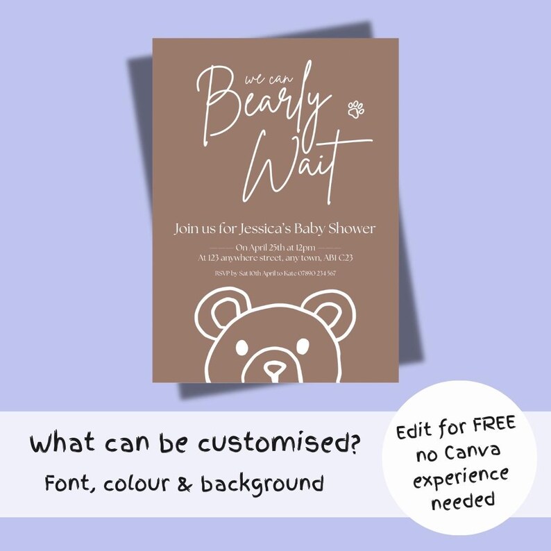 Puede incluir: Una invitaci&oacute;n marr&oacute;n para baby shower con el texto "Bearly Wait" en letra cursiva. La invitaci&oacute;n incluye detalles para el baby shower de Jessica, un gr&aacute;fico de oso de peluche y opciones de personalizaci&oacute;n.