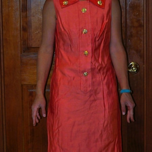 Vintage ~ 1960s Bright Orange Sleeveless Shirt Dress with Beautiful Rhinestone Buttons
