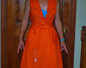 Vintage ~ 1950s Bright Orange Sleeveless Wrap Dress with Matching Fabric Belt by HearSay