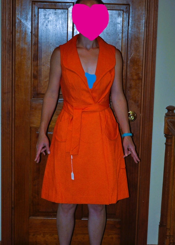 Vintage ~ 1950s Bright Orange Sleeveless Wrap Dre… - image 1