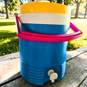 Vintage 1990's Igloo 2-gallon Water Cooler Blue, White and Pink  with Yellow Handle