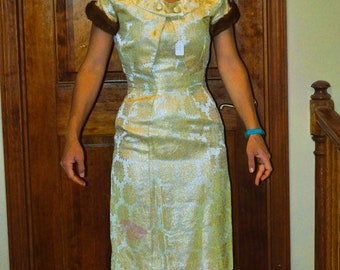 Vintage ~ 1950s Gold Brocade Sleeveless Straight Skirt Dress and Jacket Set by Suzy Perette - New York