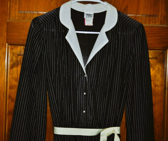 Vintage ~ 1980s Navy Blue & White Pinstripe Long … - image 3