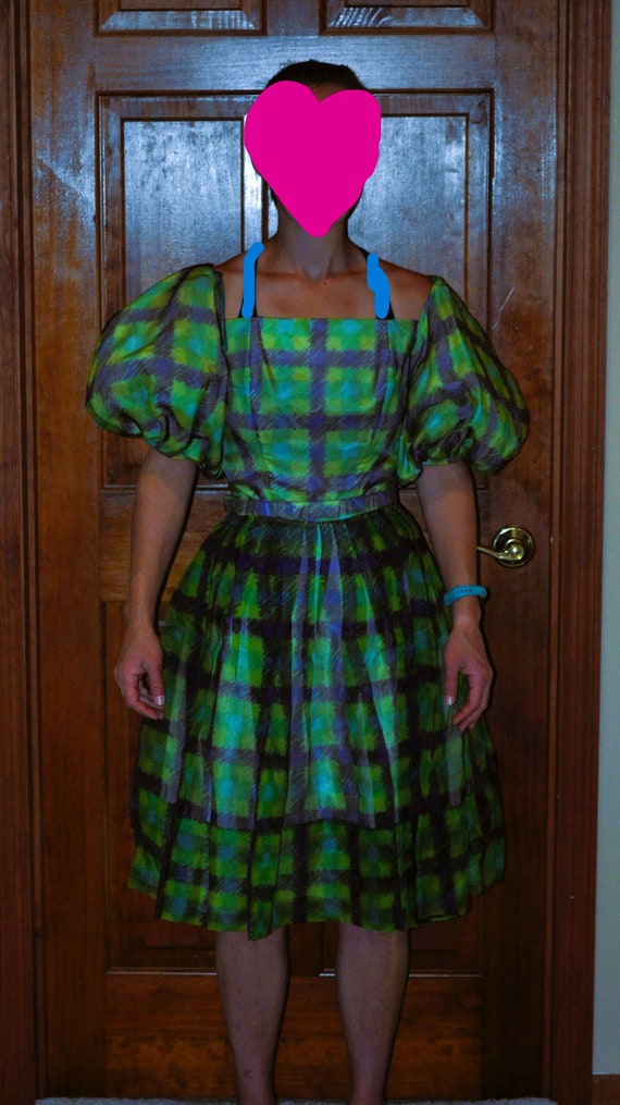 Vintage ~ 1950's Navy Blue, Lime Green & Teal Plai