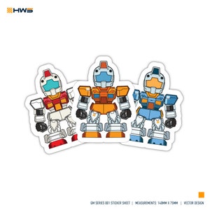 GM Series 001 Sticker Sheet (Set of 3 Stickers). Chibi Robot Themed Stickers.