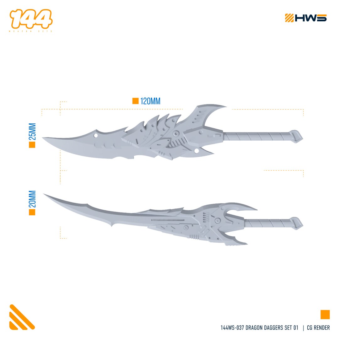 144WS037 Dragon Daggers Set 01 set of 2 Weapons. 3D Resin Weapon for 1