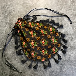 Mini Black Floral Reticule Handbag Regency Drawstring Purse