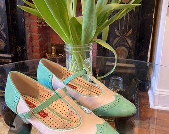 Mint and Cream T-Strap Heeled Shoes