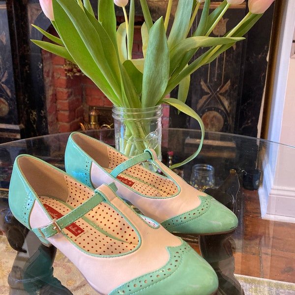 Mint and Cream T-Strap Heeled Shoes