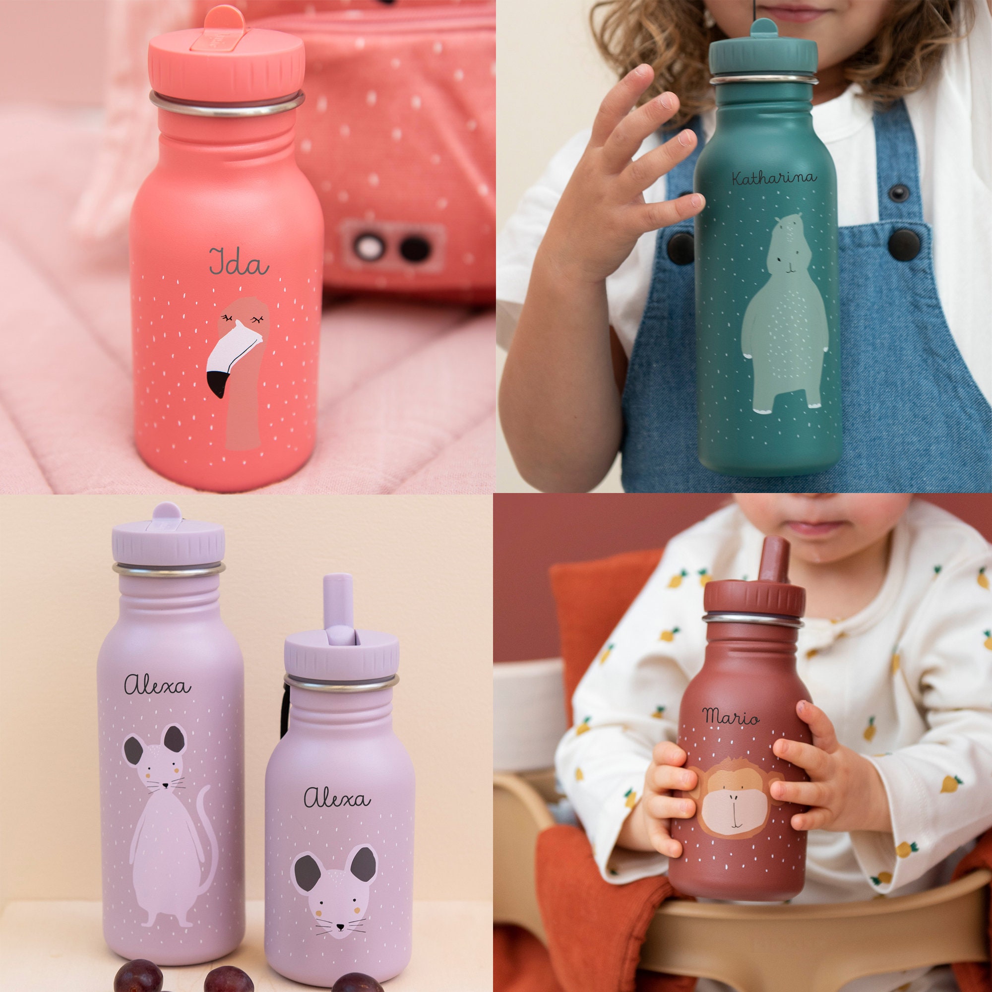 Kinder Edelstahl Trinkflasche mit Namen personalisiert / Kita / Trixie
