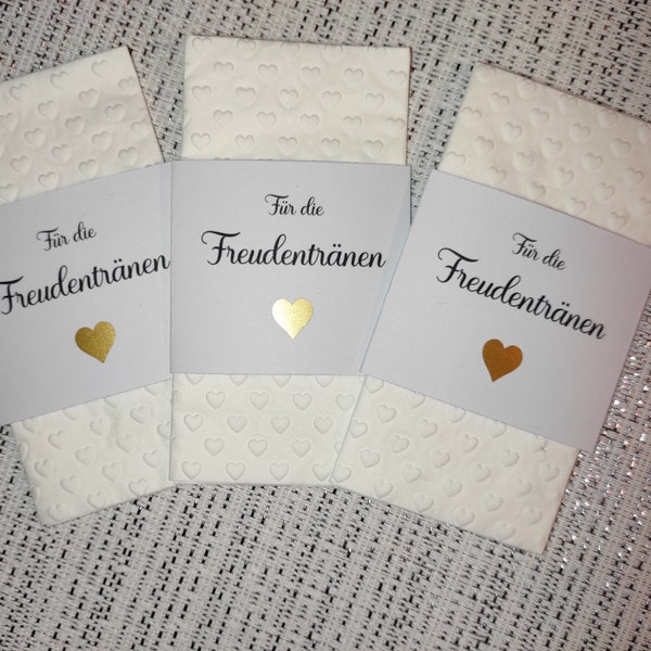 Freudentränen geprägte Taschentücher zur Hochzeit OHNE Personalisierung goldfarben Herz  verschiedene Prägungen mit Banderole