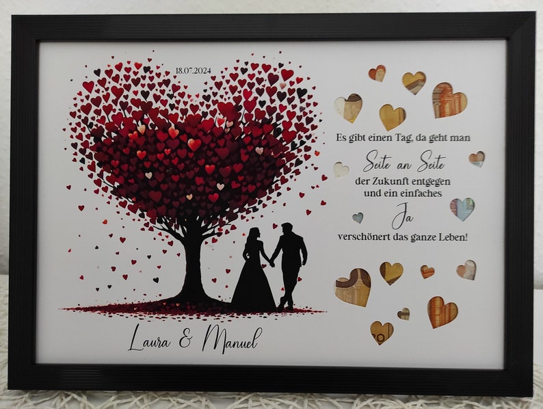 Geldgeschenk zur Hochzeit Hochzeitsgeschenk personalisierbar mit bereits ausgeschnittenen Herzen Bild 3