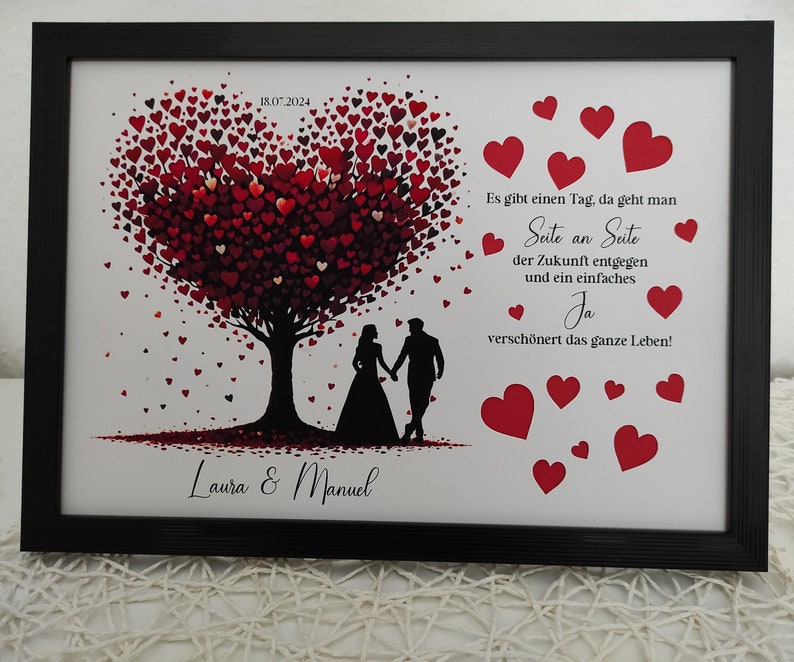 Geldgeschenk zur Hochzeit Hochzeitsgeschenk personalisierbar mit bereits ausgeschnittenen Herzen Bild 5