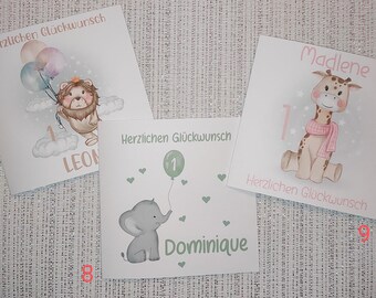 1st birthday card birthday card greeting card girl boy with envelope with name and text balloon heart giraffe lion