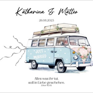 Personalized wedding money gift, Just Married poster, Bulli bus with saying