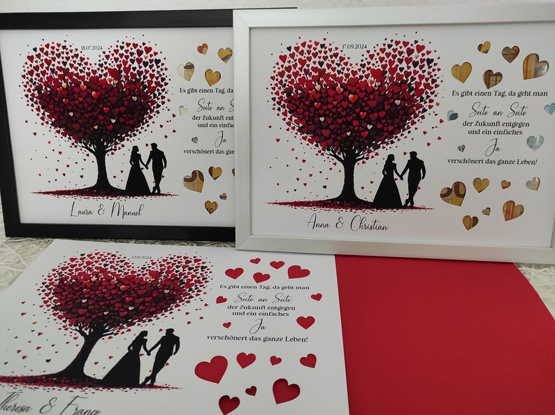 Geldgeschenk zur Hochzeit Hochzeitsgeschenk personalisierbar mit bereits ausgeschnittenen Herzen Bild 7