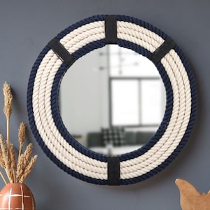 Specchio da parete fatto a mano con corda, specchio rotondo rustico da appendere, specchio con corda blu e bianco, decorazione da parete, specchio nautico costiero, specchio per il bagno