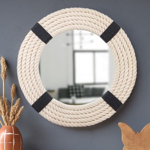 Handmade Wall Rope Mirror Rustic Round Hanging Mirror Black & White Rope Mirror Wall Decor Coastal Nautical Mirror Bathroom Vanity Mirror