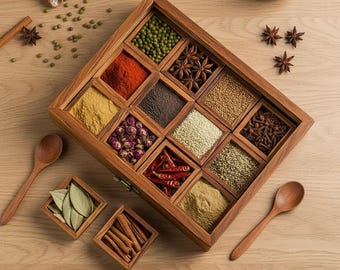 Sheesham Wood Spice Box with 12 Containers & Spoon