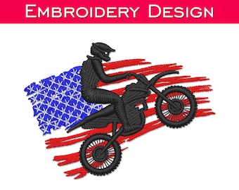 Dirt Bike Rider Motocross Motorcycle with USA Flag Background Embroidery Design