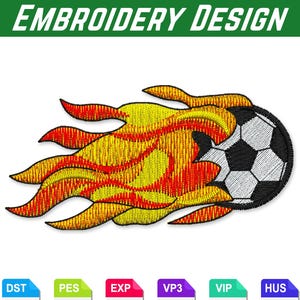 May include: Embroidered patch showing a soccer ball with flames. The design features a black and white soccer ball with a yellow, orange, and red flame effect. The text "EMBROIDERY DESIGN" is at the top of the image.