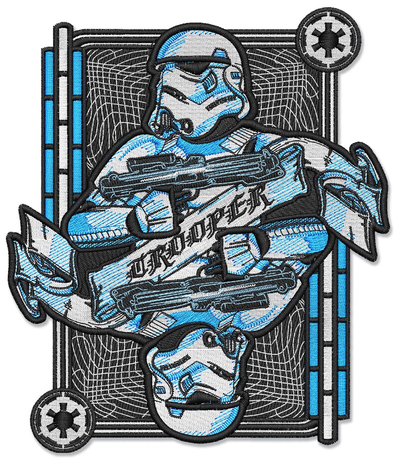 May include: A blue and white embroidered patch featuring a Star Wars Stormtrooper helmet with the text "TROOPER" in a banner.