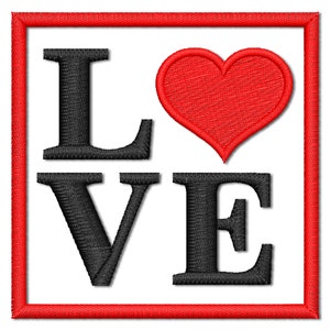Puede incluir: Un marco cuadrado rojo con un contorno negro rodea las palabras "LOVE" en negro con un corazón rojo en el centro.