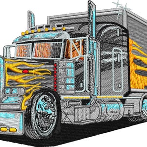 May include: A silver and black semi-truck with a gray trailer. The truck has yellow flames painted on the side and a red emblem on the front grill.