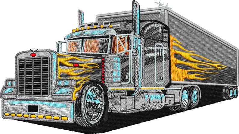 May include: A silver and black semi-truck with a gray trailer. The truck has yellow flames painted on the side and a red emblem on the front grill.