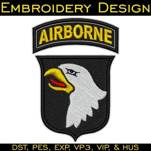 May include: Embroidered patch featuring a white eagle head with a yellow beak and red eyes on a black shield with the text "AIRBORNE" in yellow on a black curved banner above the shield. The text "DST, PES, EXP, VP3, VIP, & HUS" is below the shield.