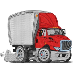May include: A red and gray cartoon semi-truck with a white box trailer. The truck is driving fast and has a cloud of smoke behind it.