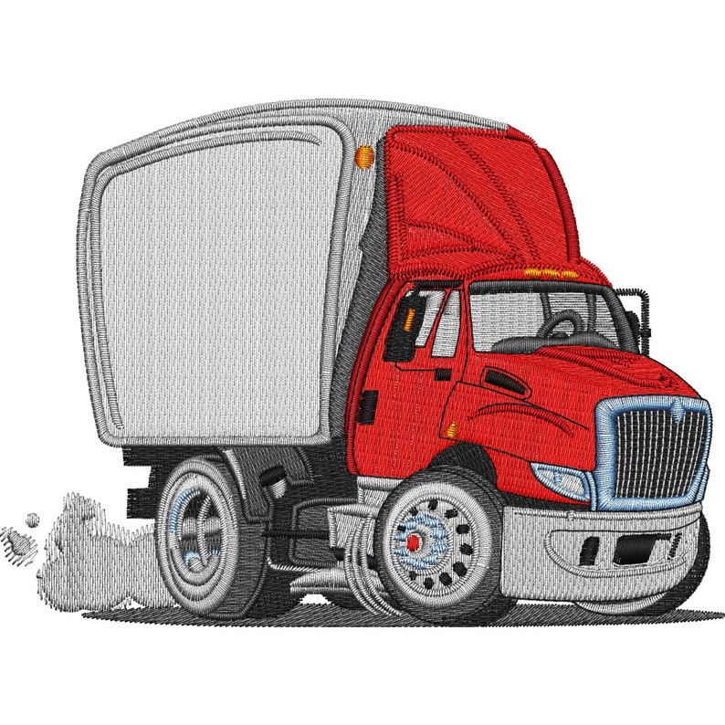 May include: A red and gray cartoon semi-truck with a white box trailer. The truck is driving fast and has a cloud of smoke behind it.