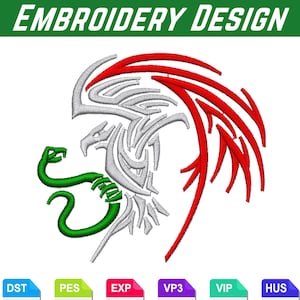 May include: An embroidery design featuring a stylized eagle in white and red, clutching a green snake. The text EMBROIDERY DESIGN appears at the top, with file format labels DST, PES, EXP, VP3, VIP, and HUS displayed in colored boxes below.